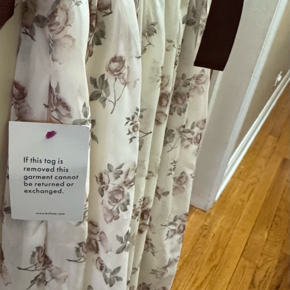 Bohme Cream with Print Floral Midi Dress  Tight Straps with Brown Trim - Picture 5 of 10